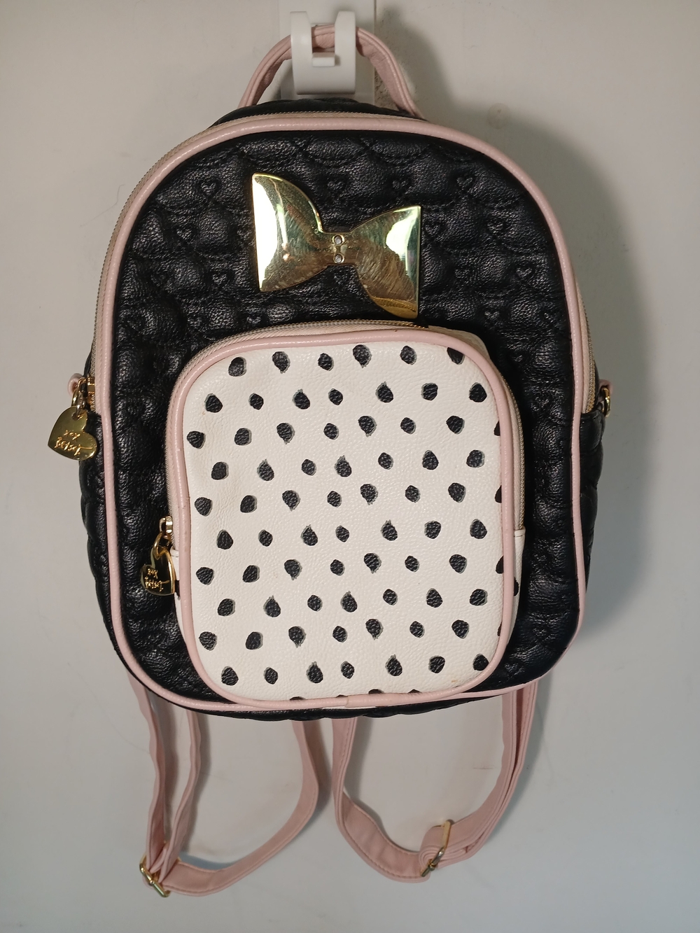 Betsey Johnson Black and Pink Polka Dot Mini Backpack with Gold Bow